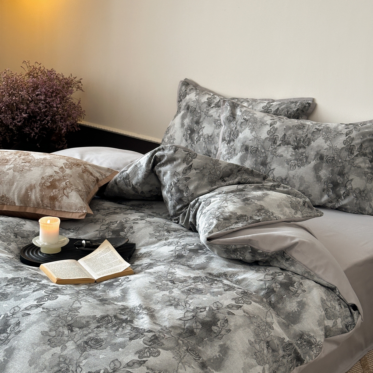 91家纺网 家纺一手货源 找家纺 旷野 2025新款双色提花100支磨毛四件套-薄雾玫瑰 薄雾玫瑰-乌木灰