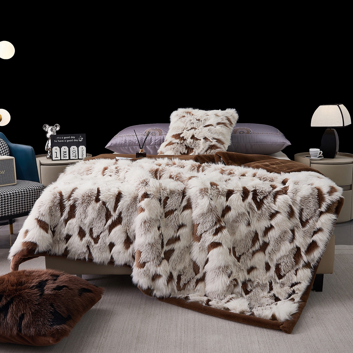 91家纺网 家纺一手货源 找家纺  2025冬季新款床上用野兽派毛毯被子午休毯结婚用双人婚庆拉舍尔毛毯子 魅影-杏色