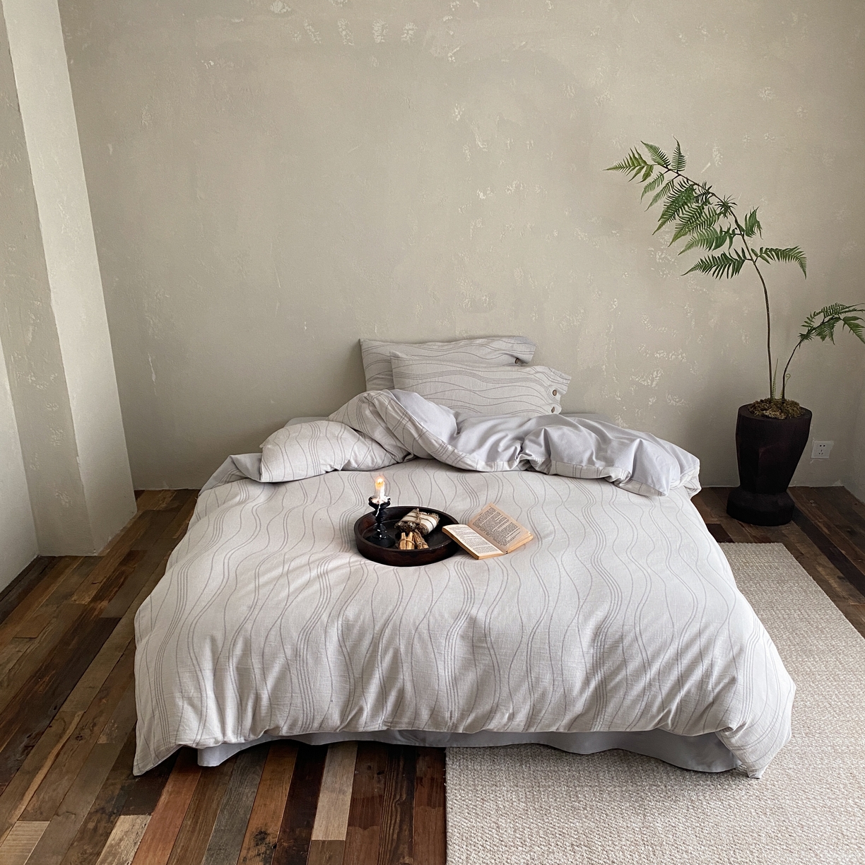 旷野 2025新款全棉色织大提花100支磨毛四件套 岛屿-灰