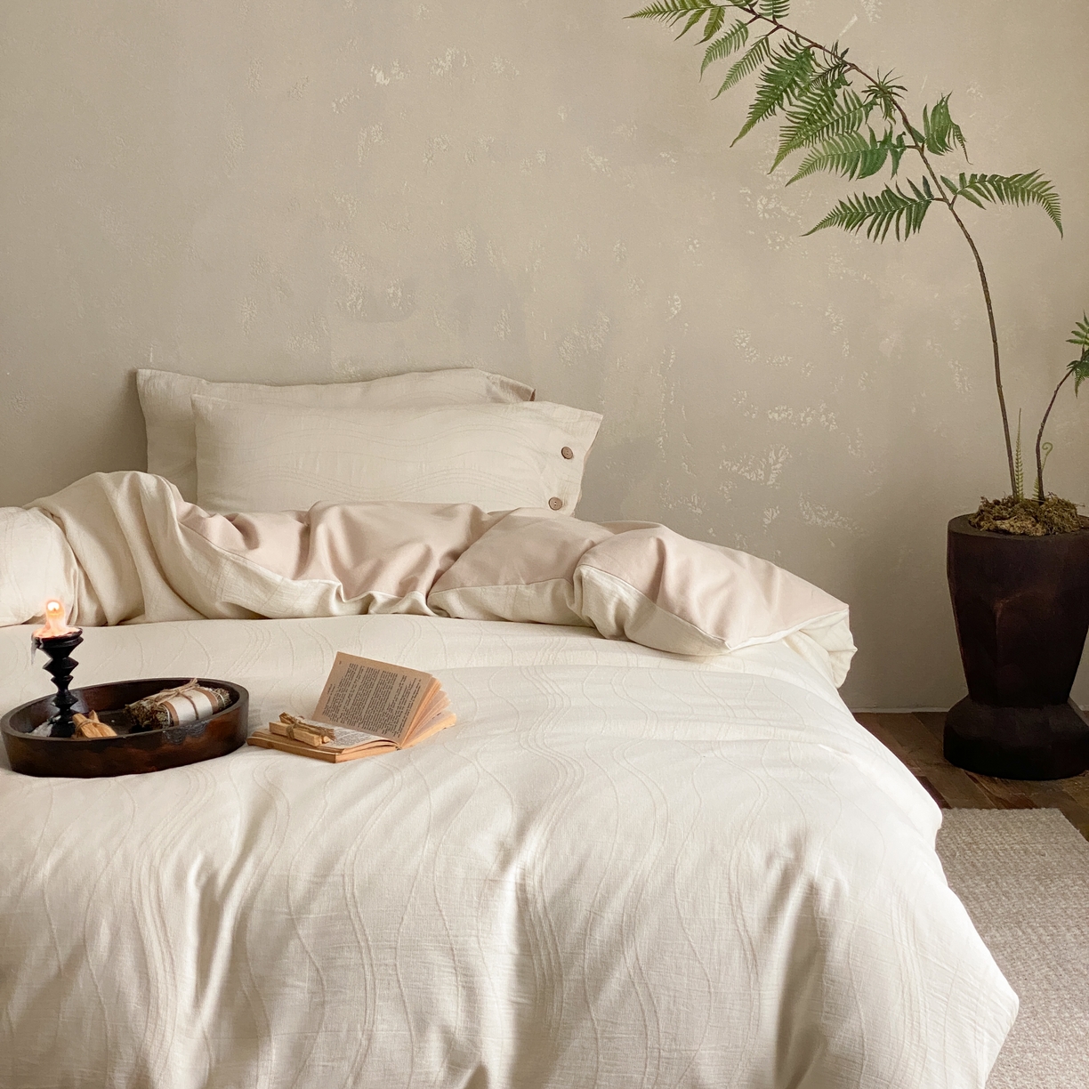 91家纺网 家纺一手货源 找家纺 旷野 2025新款全棉色织大提花100支磨毛四件套 岛屿-奶咖