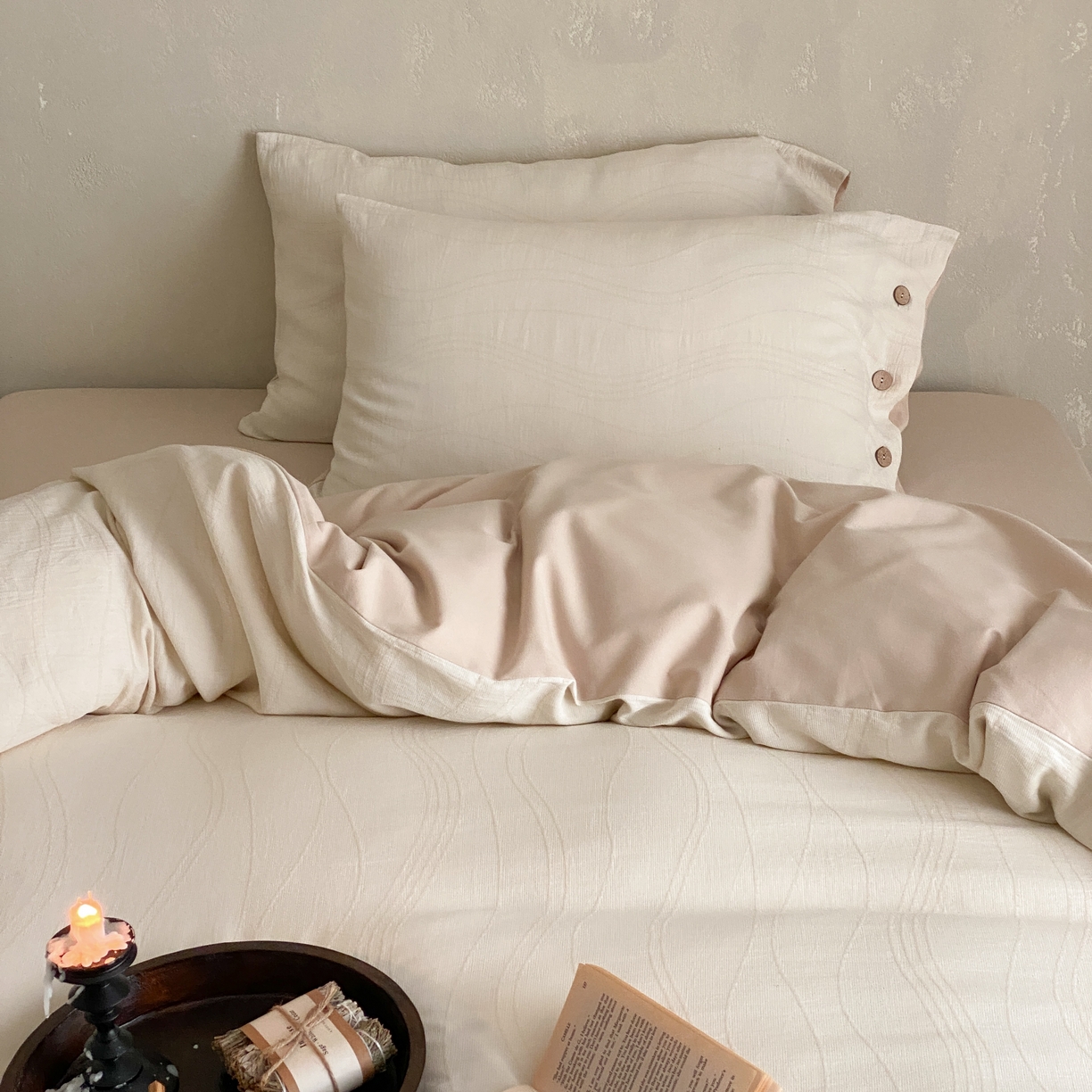 91家纺网 家纺一手货源 找家纺 旷野 2025新款全棉色织大提花100支磨毛四件套 岛屿-奶咖