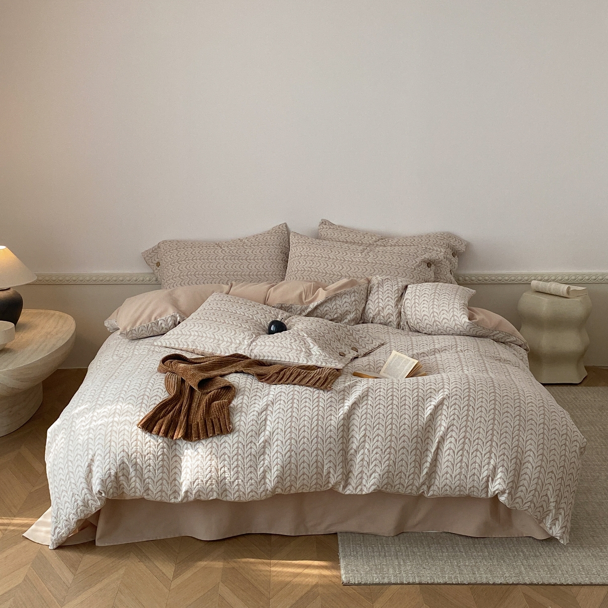 旷野 2025新款全棉色织大提花100支磨毛四件套 千枝叶-奶咖