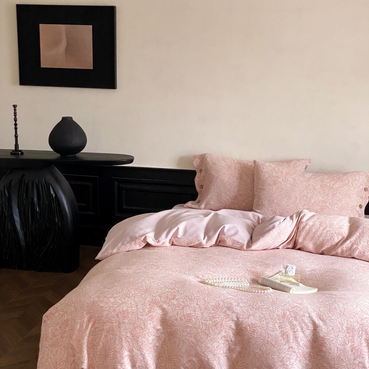 91家纺网 家纺一手货源 找家纺 旷野 2025新款全棉色织大提花100支磨毛四件套 晚枫林-粉