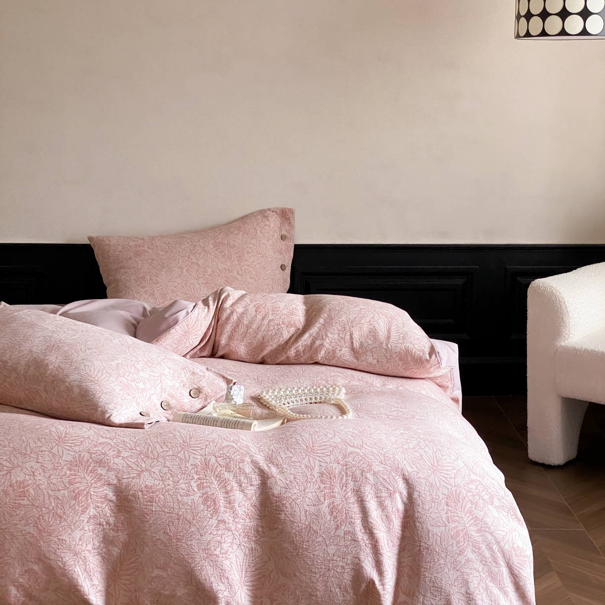 91家纺网 家纺一手货源 找家纺 旷野 2025新款全棉色织大提花100支磨毛四件套 晚枫林-粉