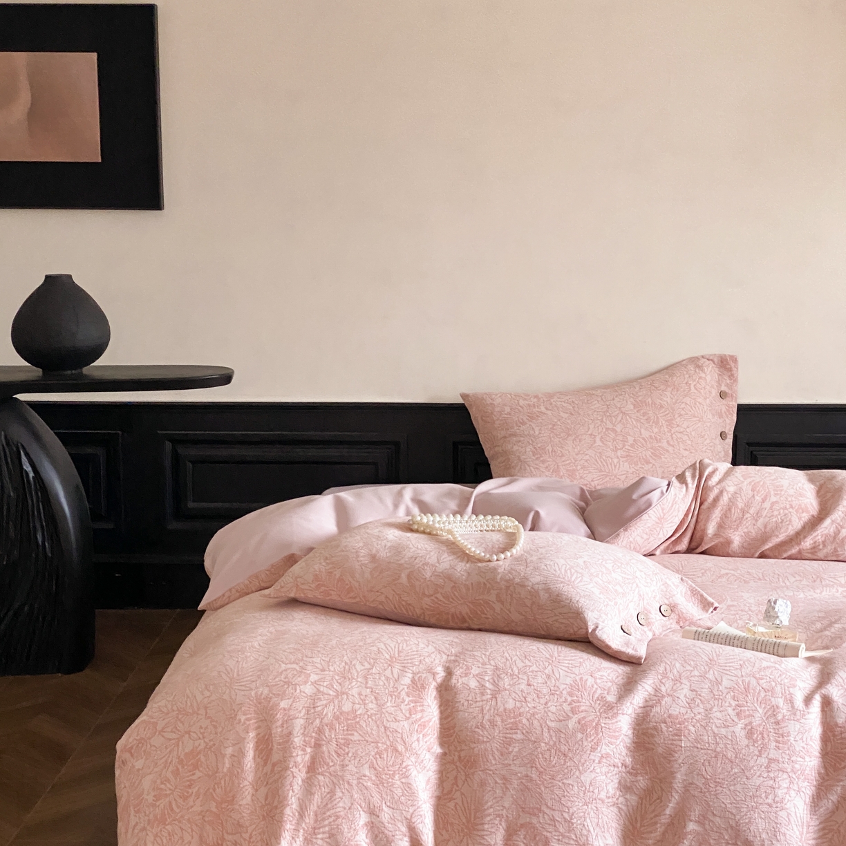 91家纺网 家纺一手货源 找家纺 旷野 2025新款全棉色织大提花100支磨毛四件套 晚枫林-粉