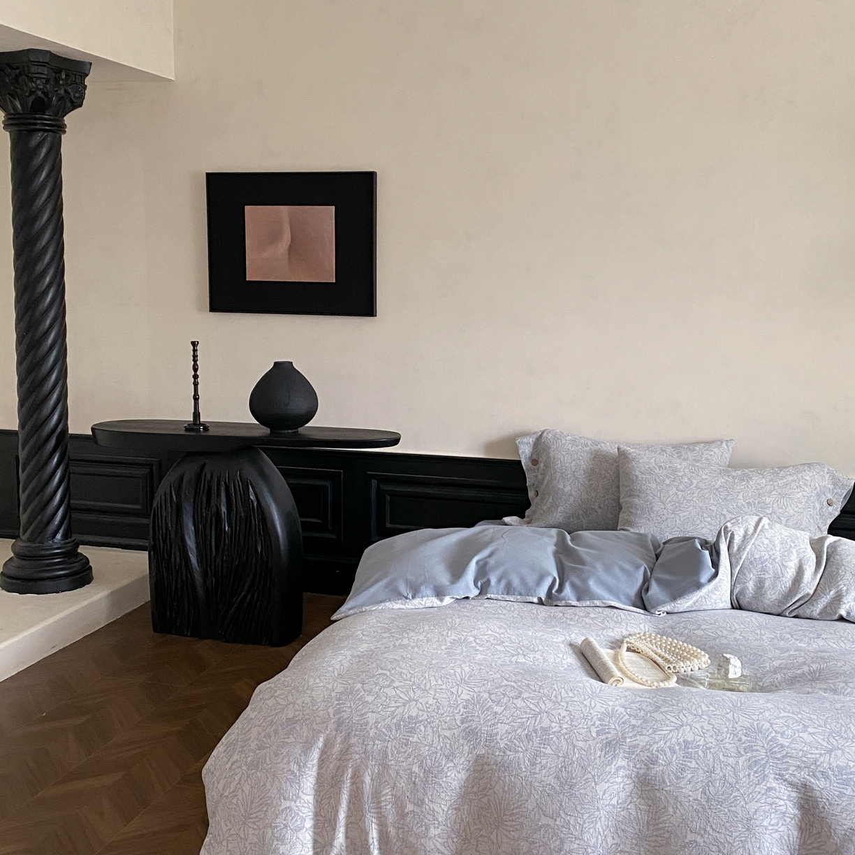 91家纺网 家纺一手货源 找家纺 旷野 2025新款全棉色织大提花100支磨毛四件套 晚枫林-蓝