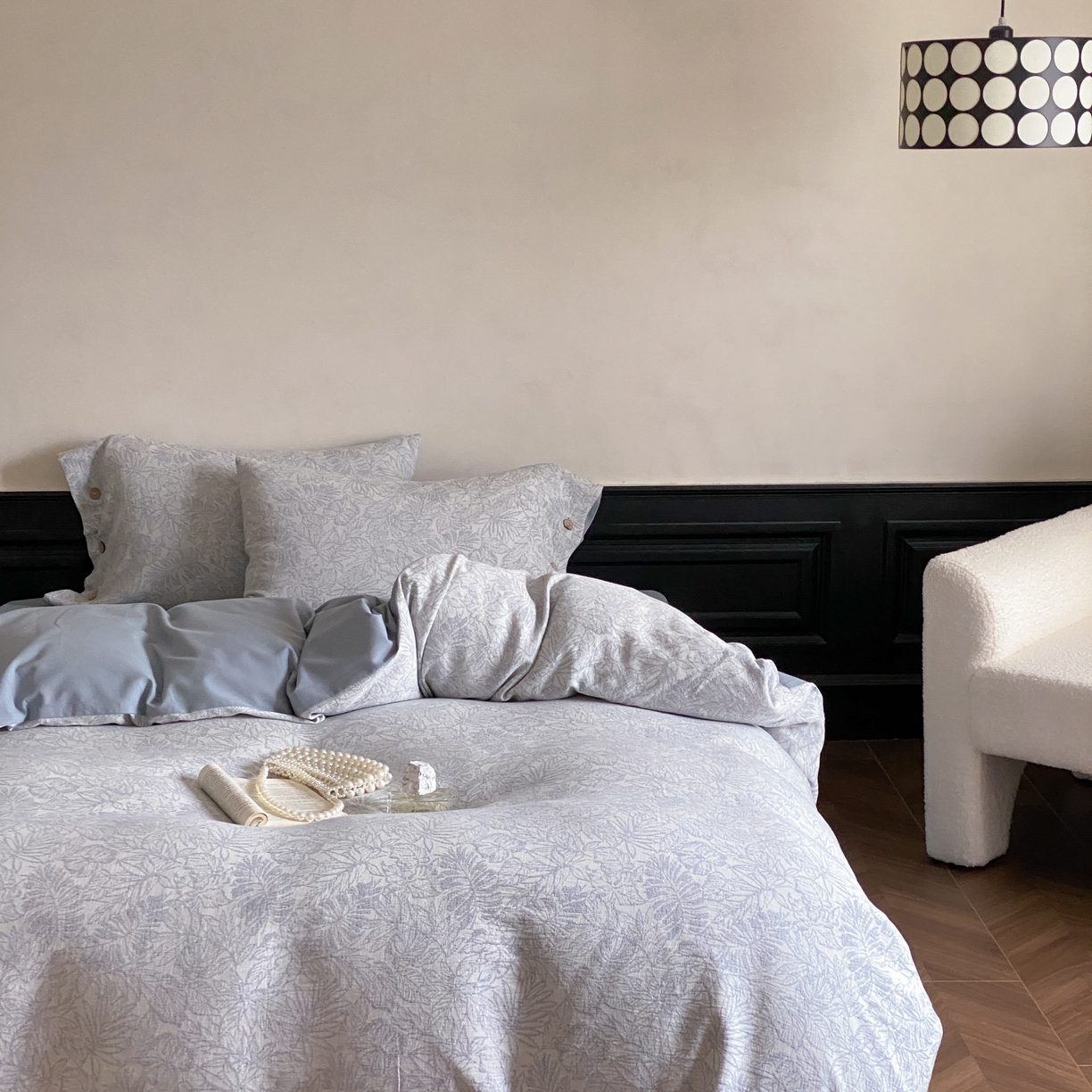 91家纺网 家纺一手货源 找家纺 旷野 2025新款全棉色织大提花100支磨毛四件套 晚枫林-蓝