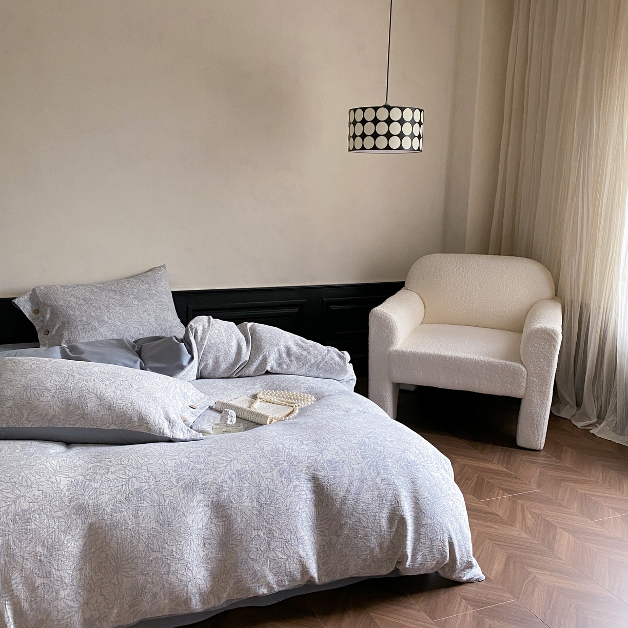 91家纺网 家纺一手货源 找家纺 旷野 2025新款全棉色织大提花100支磨毛四件套 晚枫林-蓝