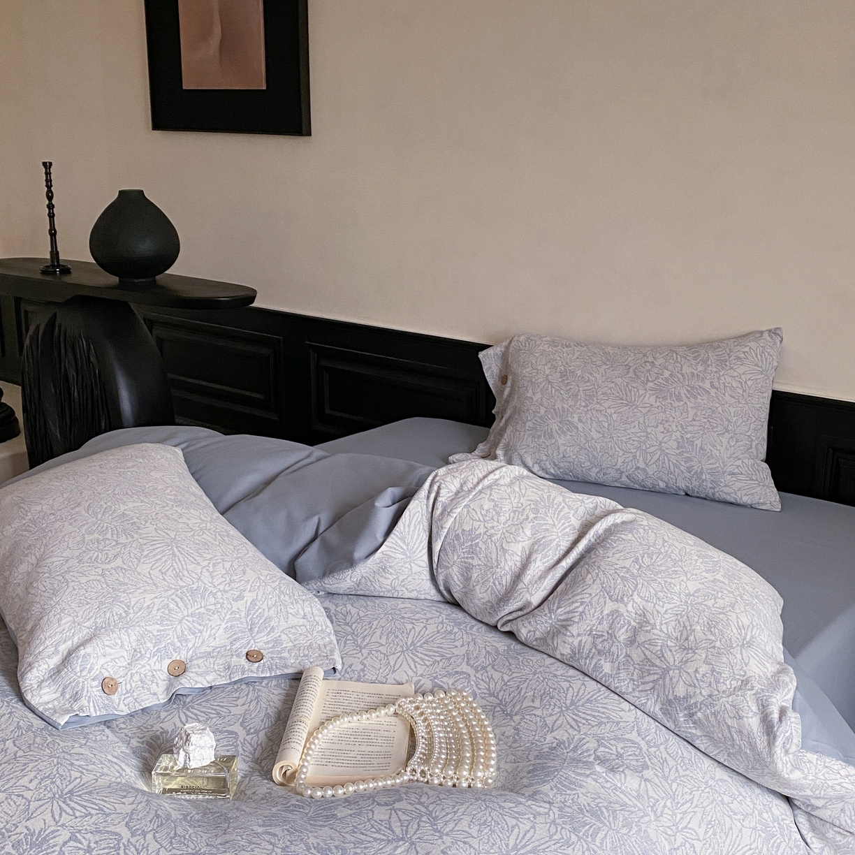 91家纺网 家纺一手货源 找家纺 旷野 2025新款全棉色织大提花100支磨毛四件套 晚枫林-蓝