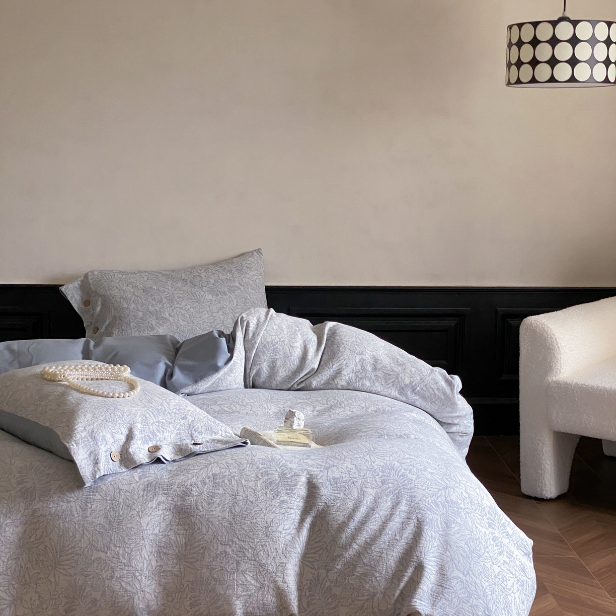 91家纺网 家纺一手货源 找家纺 旷野 2025新款全棉色织大提花100支磨毛四件套 晚枫林-蓝