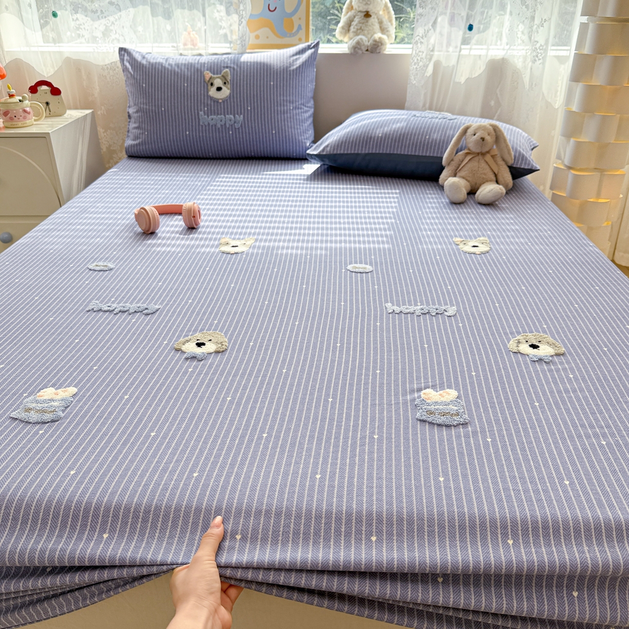 91家纺网 家纺一手货源 找家纺 （总）慕尚家纺 2025新款全棉磨毛毛巾绣单床笠 床笠单件