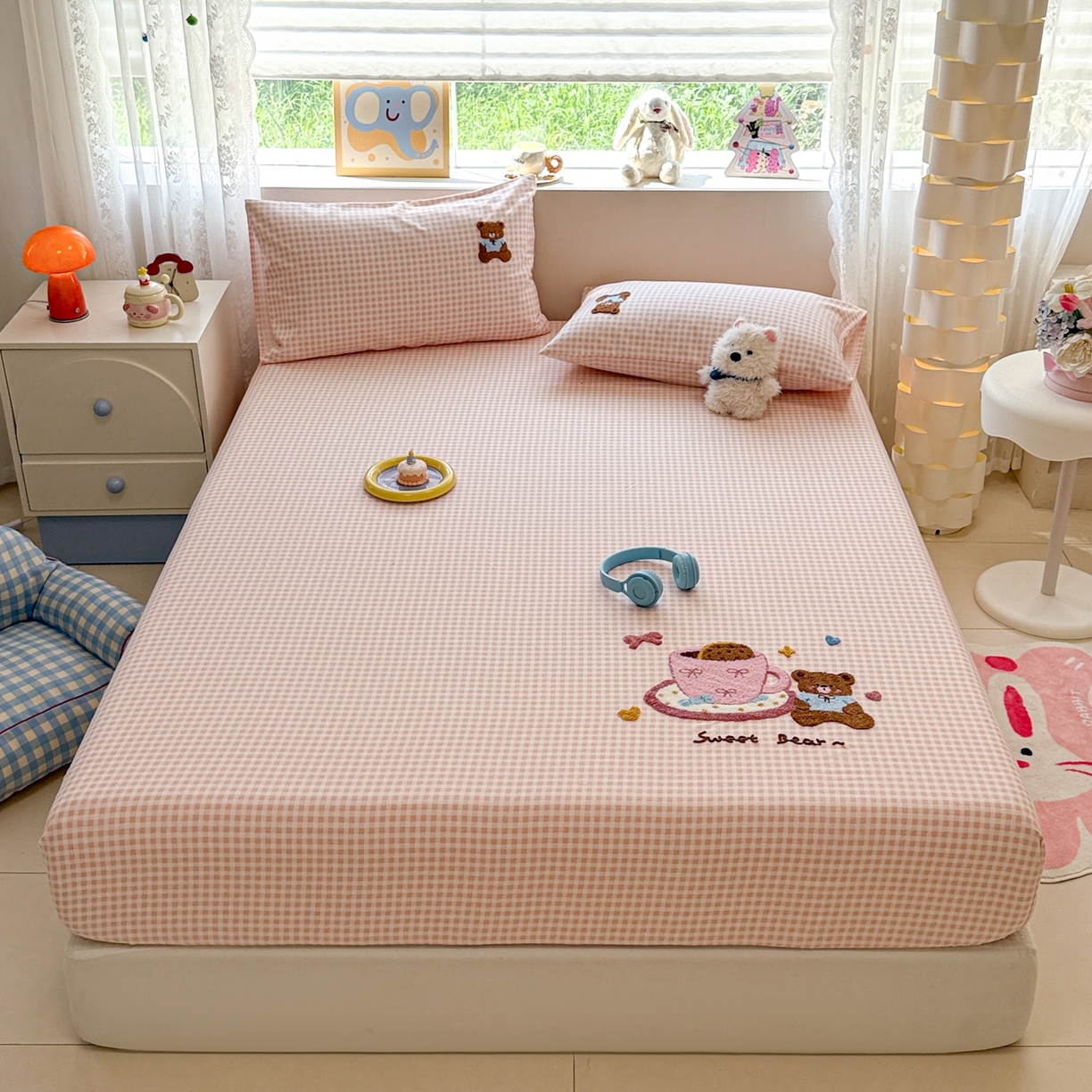 91家纺网 家纺一手货源 找家纺 慕尚家纺 2025新款全棉磨毛毛巾绣单床笠 床笠单件 茶杯小熊