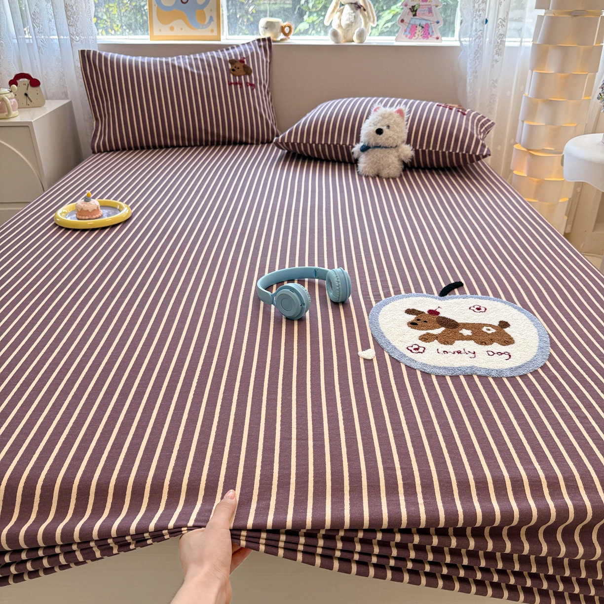 慕尚家纺 2025新款全棉磨毛毛巾绣单床笠 床笠单件 大苹果小狗