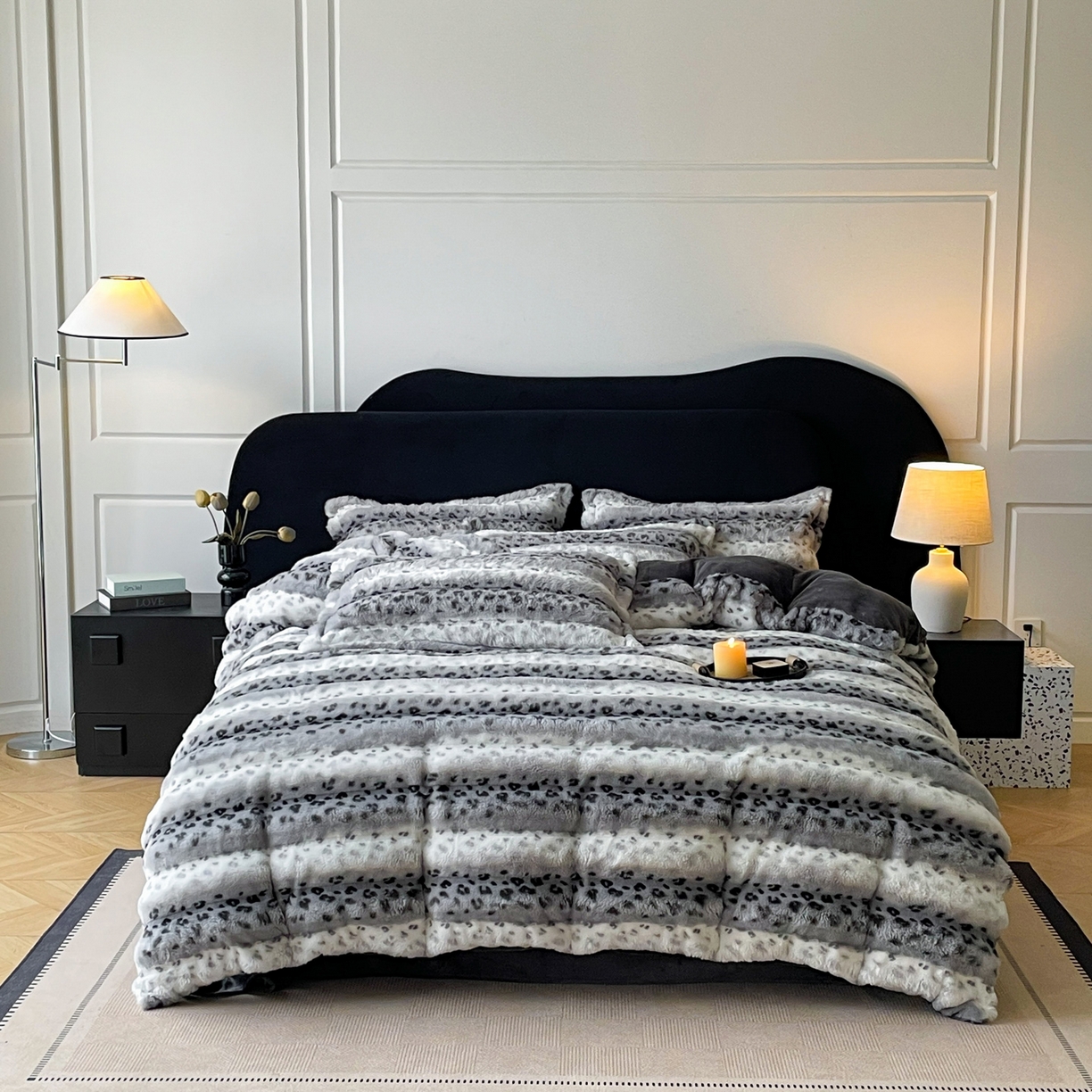 仟网汇 2025新款加厚保暖兔绒四件套-豹纹系列 豹纹-灰