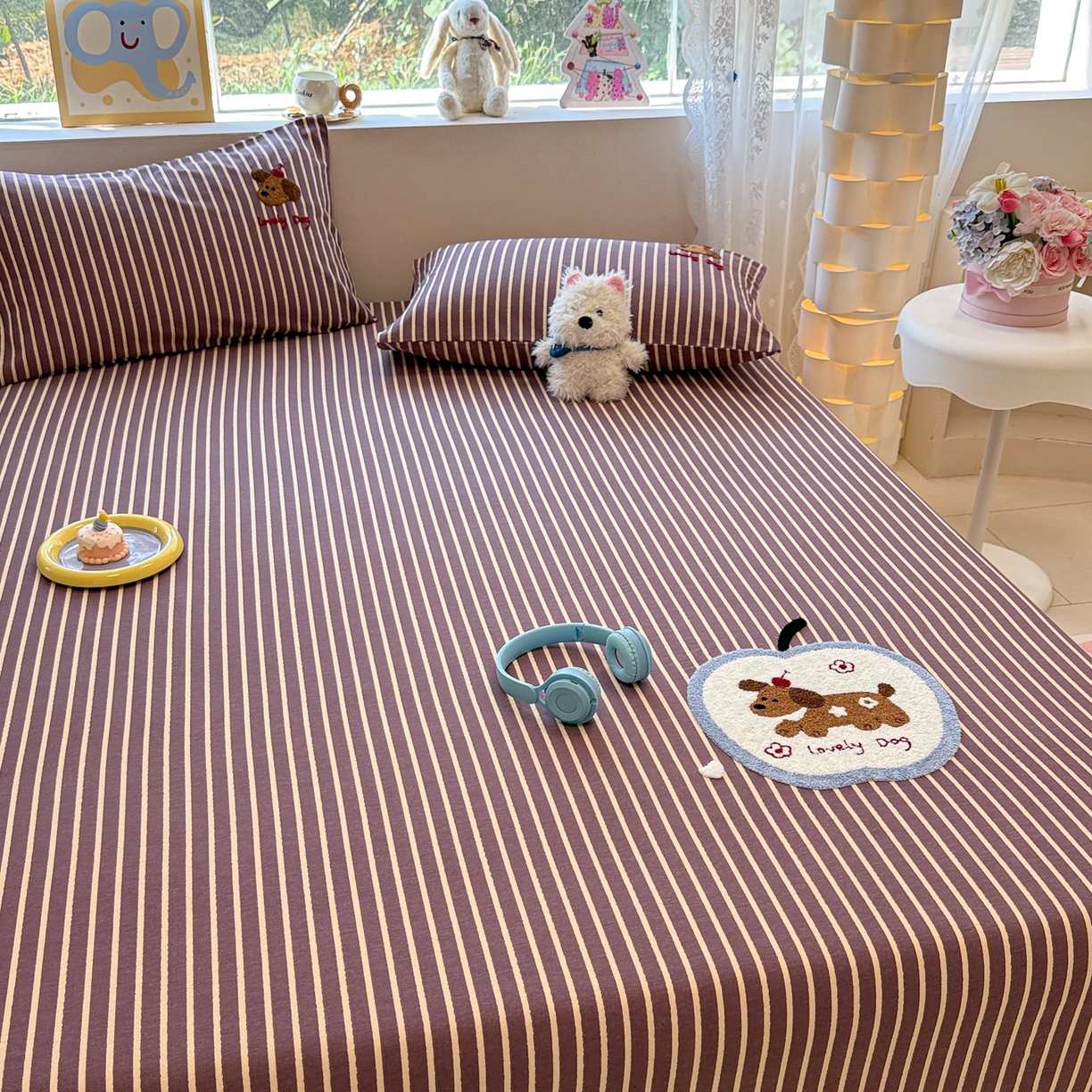 91家纺网 家纺一手货源 找家纺 慕尚家纺 2025新款全棉磨毛毛巾绣单床笠 床笠单件 大苹果小狗