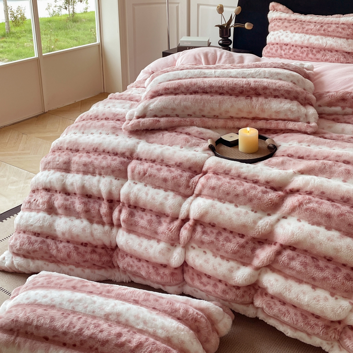 91家纺网 家纺一手货源 找家纺 仟网汇 2025新款加厚保暖兔绒四件套-豹纹系列 豹纹-粉