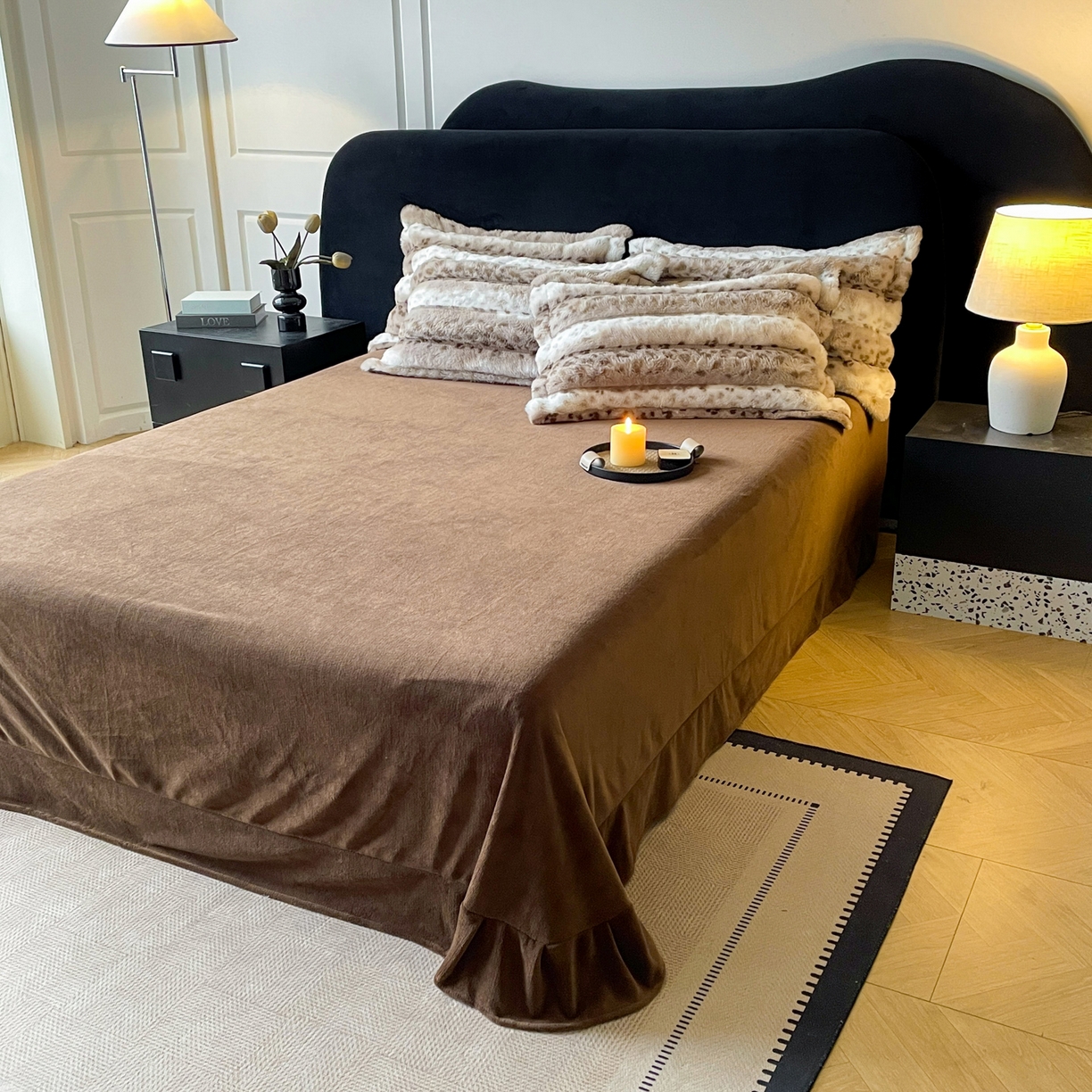 91家纺网 家纺一手货源 找家纺 仟网汇 2025新款加厚保暖兔绒四件套-豹纹系列 豹纹-咖