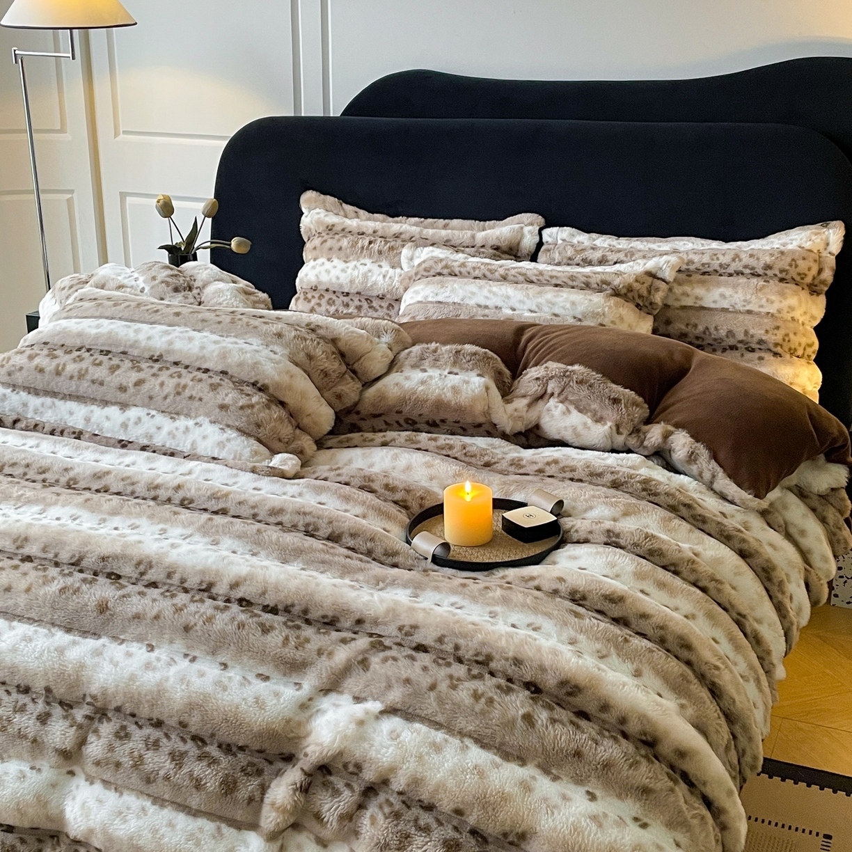 91家纺网 家纺一手货源 找家纺 仟网汇 2025新款加厚保暖兔绒四件套-豹纹系列 豹纹-咖