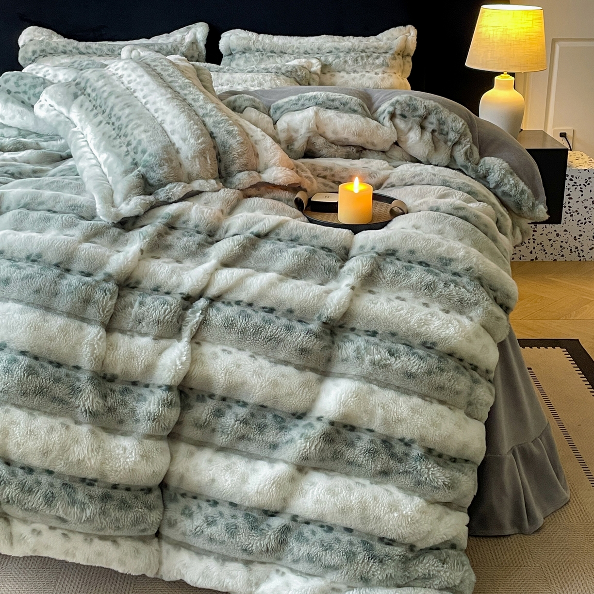 91家纺网 家纺一手货源 找家纺 仟网汇 2025新款加厚保暖兔绒四件套-豹纹系列 豹纹-绿