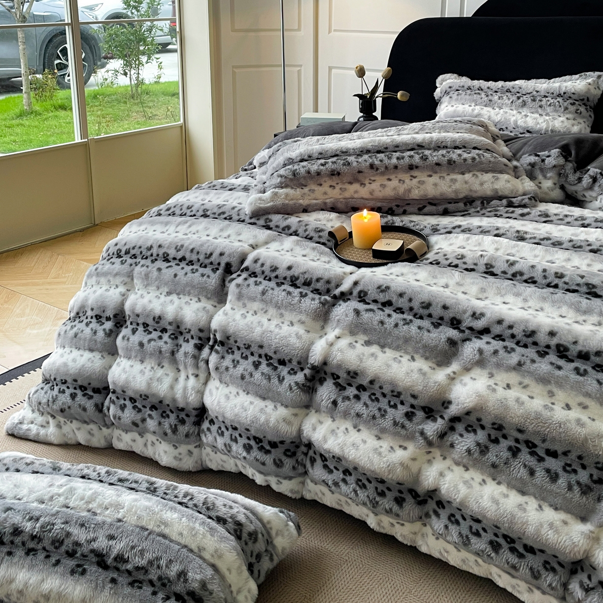 91家纺网 家纺一手货源 找家纺 仟网汇 2025新款加厚保暖兔绒四件套-豹纹系列 豹纹-灰