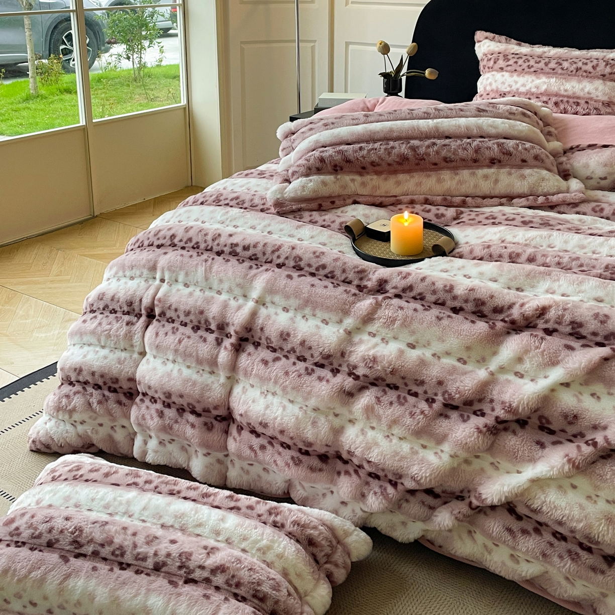 91家纺网 家纺一手货源 找家纺 仟网汇 2025新款加厚保暖兔绒四件套-豹纹系列 豹纹-紫