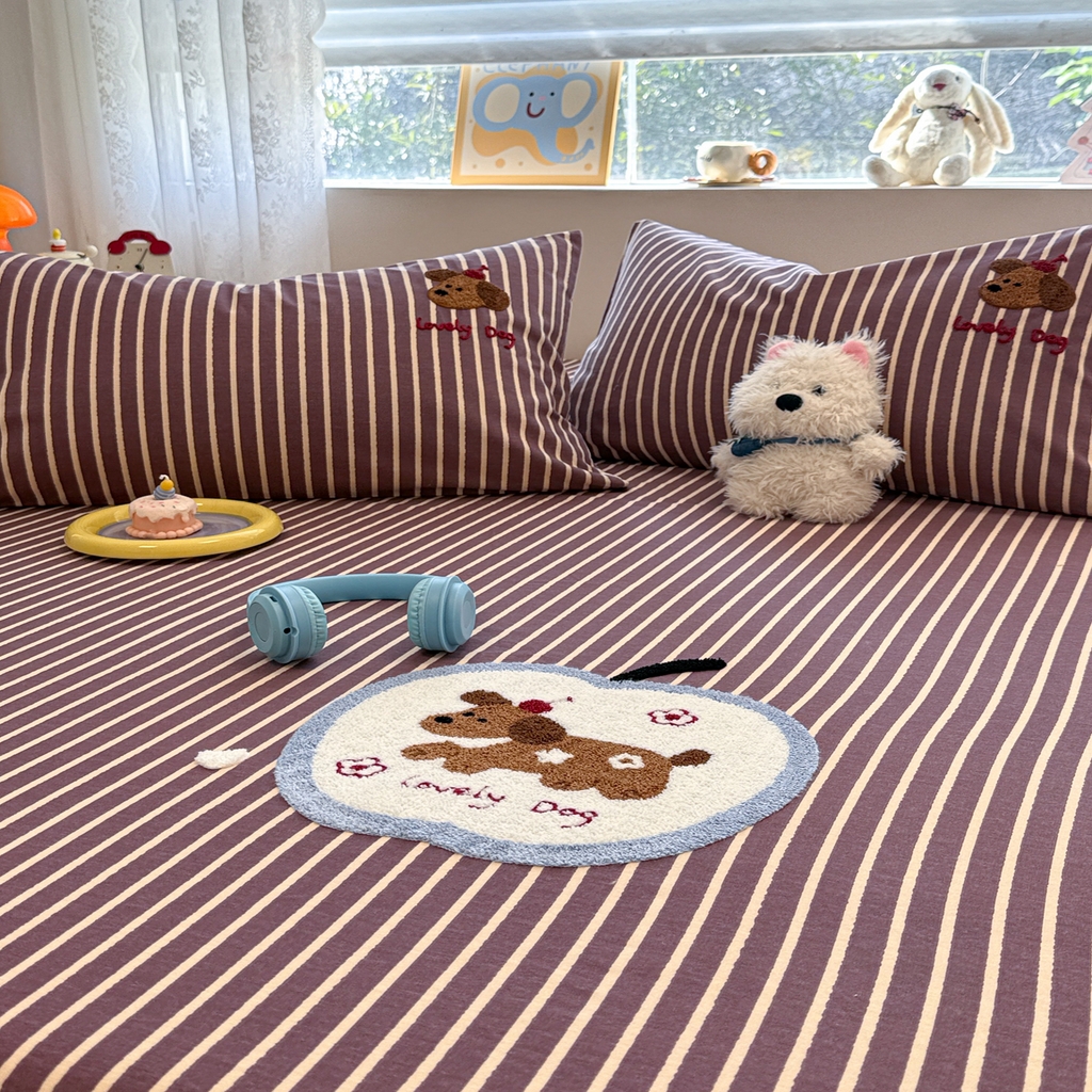 91家纺网 家纺一手货源 找家纺 慕尚家纺 2025新款全棉磨毛毛巾绣单床笠 床笠单件 大苹果小狗