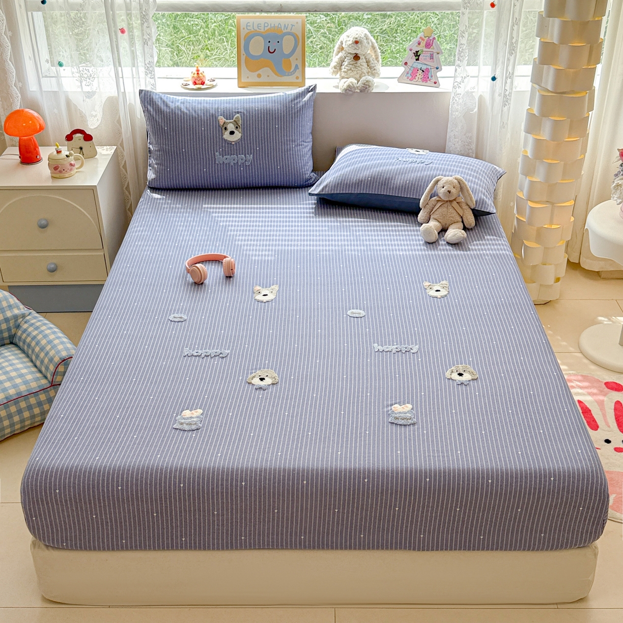 91家纺网 家纺一手货源 找家纺 慕尚家纺 2025新款全棉磨毛毛巾绣单床笠 床笠单件 乖乖狗