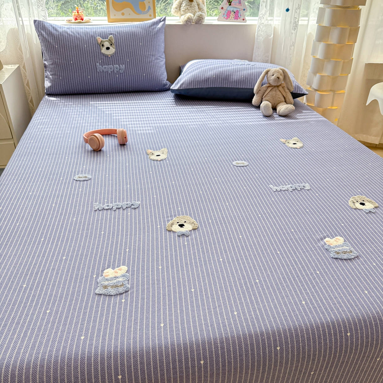 91家纺网 家纺一手货源 找家纺 慕尚家纺 2025新款全棉磨毛毛巾绣单床笠 床笠单件 乖乖狗