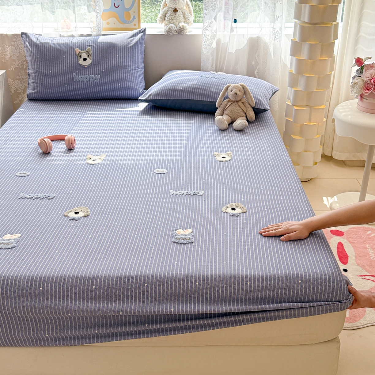 91家纺网 家纺一手货源 找家纺 慕尚家纺 2025新款全棉磨毛毛巾绣单床笠 床笠单件 乖乖狗