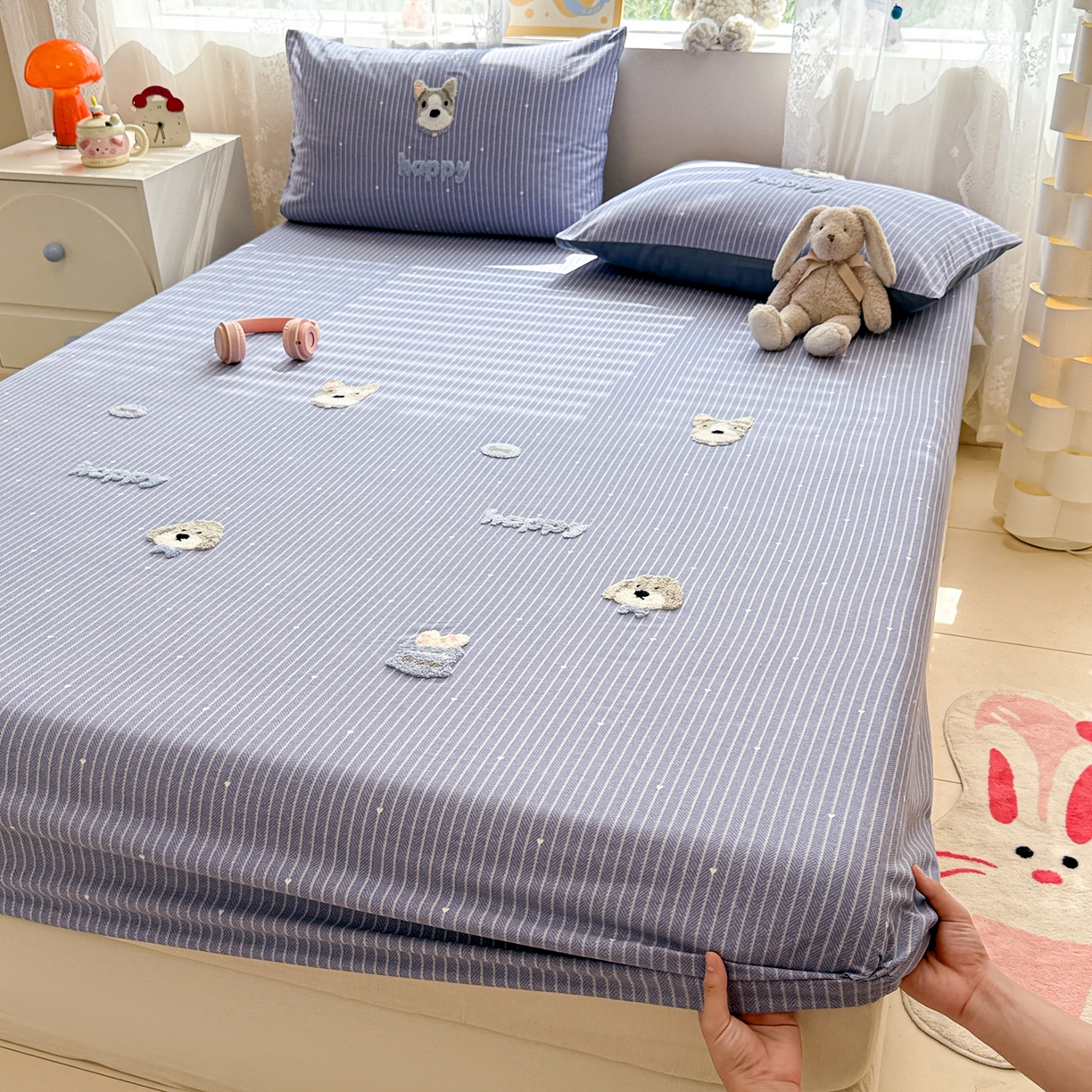 91家纺网 家纺一手货源 找家纺 慕尚家纺 2025新款全棉磨毛毛巾绣单床笠 床笠单件 乖乖狗