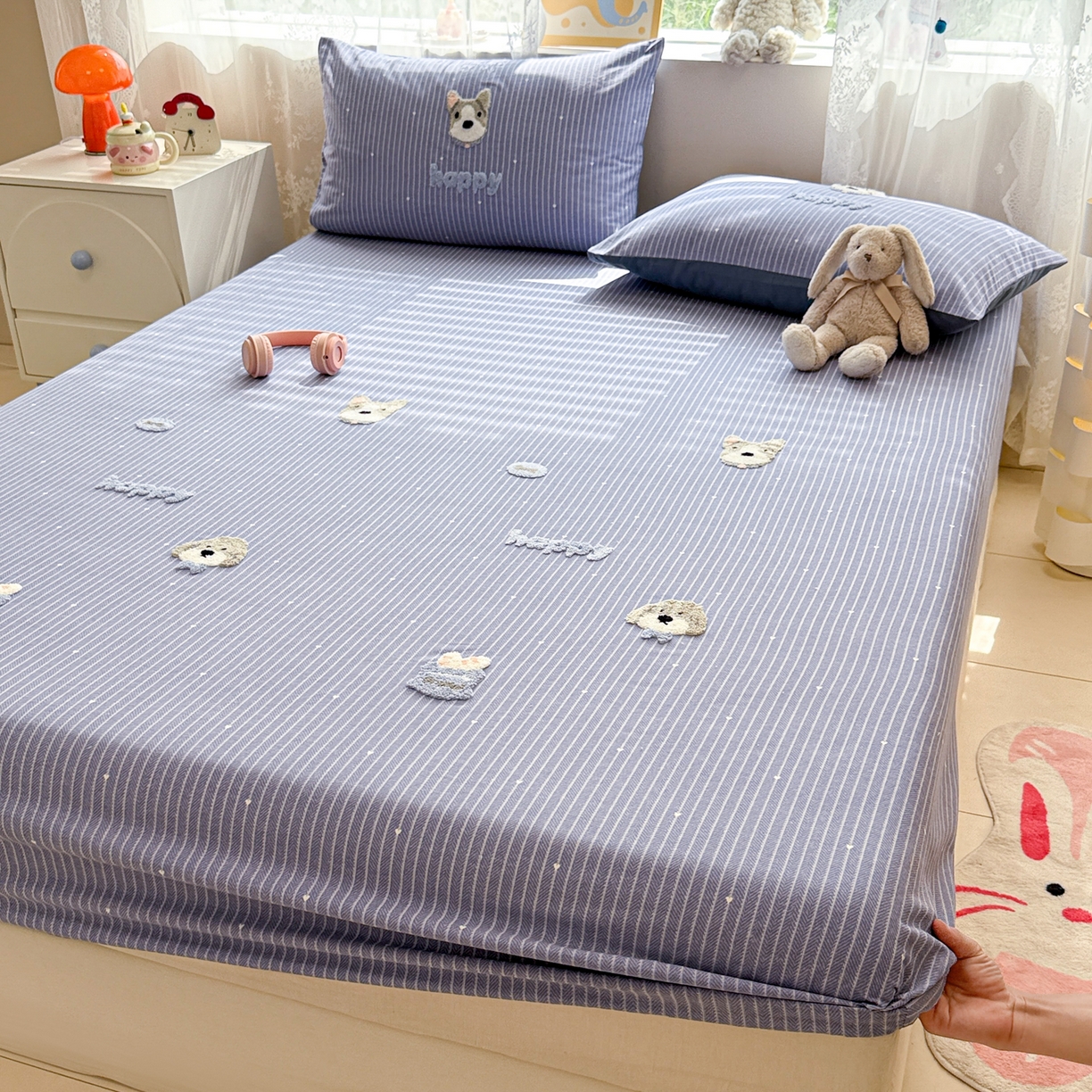 91家纺网 家纺一手货源 找家纺 慕尚家纺 2025新款全棉磨毛毛巾绣单床笠 床笠单件 乖乖狗