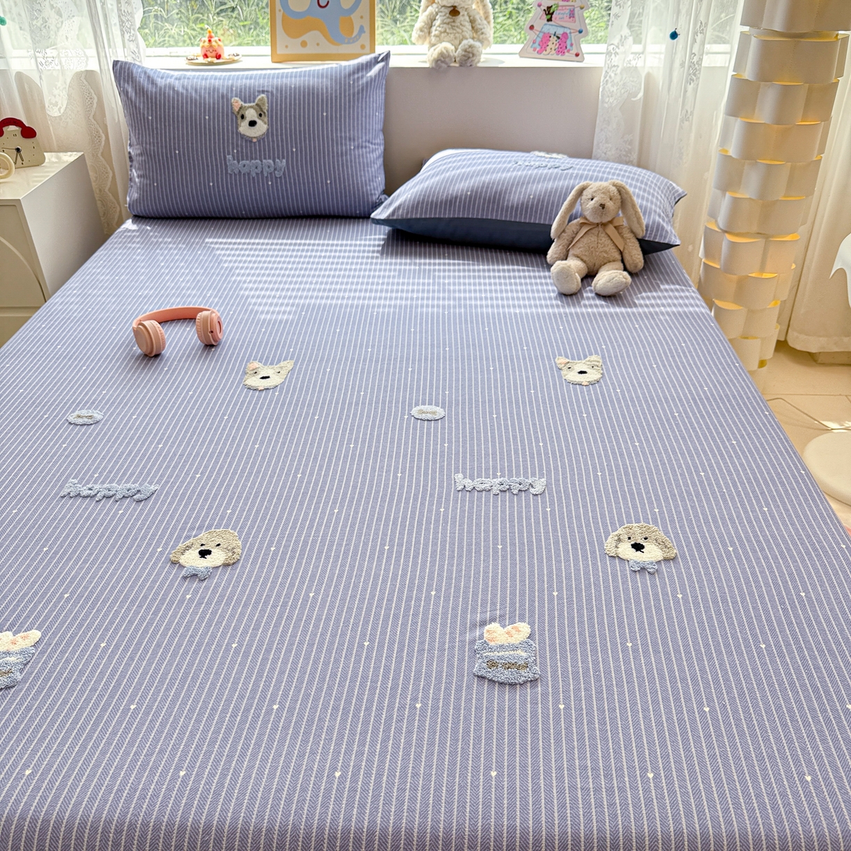 91家纺网 家纺一手货源 找家纺 慕尚家纺 2025新款全棉磨毛毛巾绣单床笠 床笠单件 乖乖狗