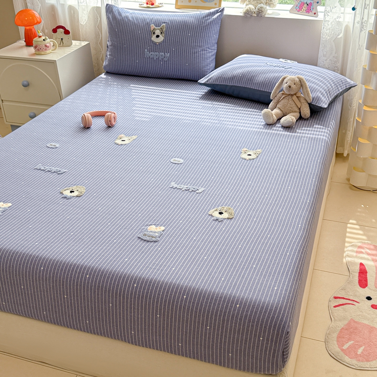 91家纺网 家纺一手货源 找家纺 慕尚家纺 2025新款全棉磨毛毛巾绣单床笠 床笠单件 乖乖狗