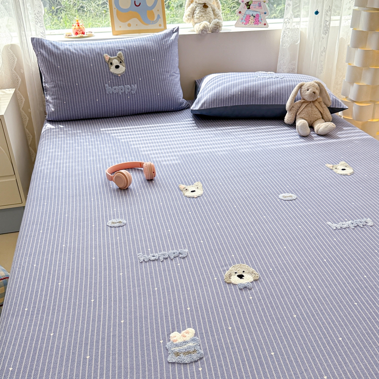 91家纺网 家纺一手货源 找家纺 慕尚家纺 2025新款全棉磨毛毛巾绣单床笠 床笠单件 乖乖狗