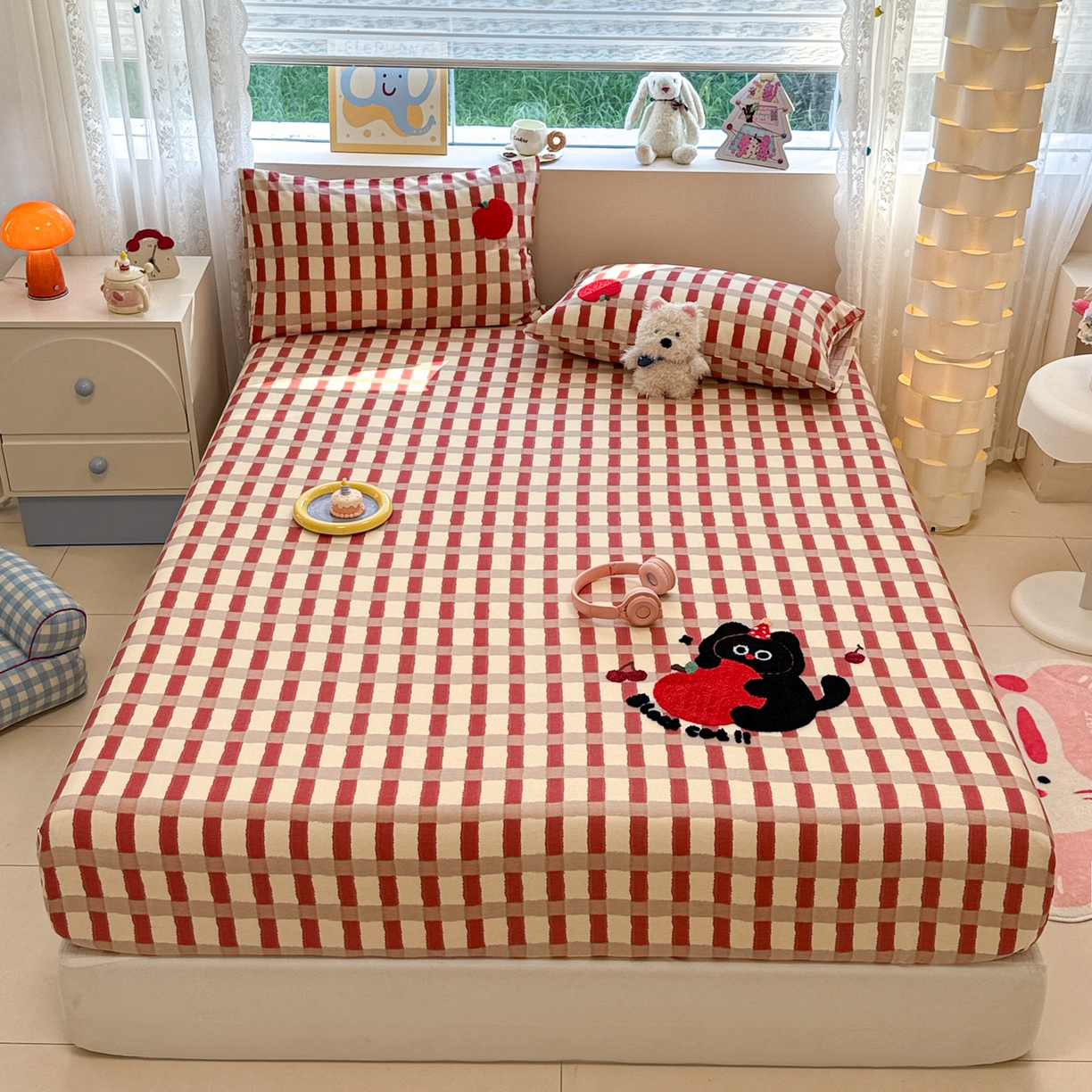 91家纺网 家纺一手货源 找家纺 慕尚家纺 2025新款全棉磨毛毛巾绣单床笠 床笠单件 黑猫警长