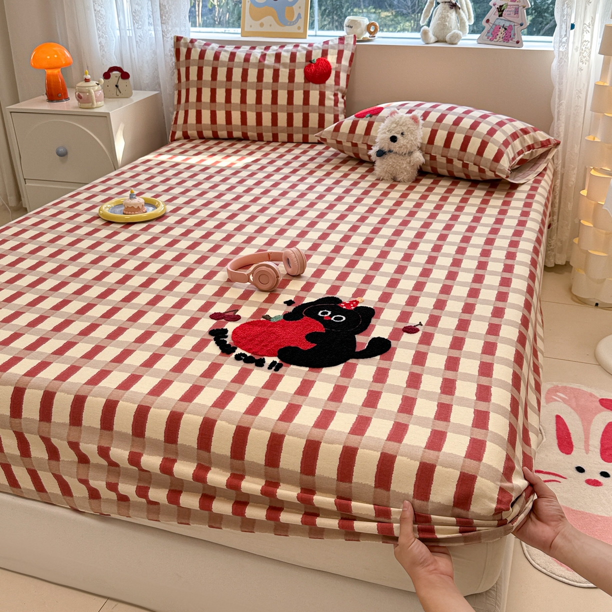 91家纺网 家纺一手货源 找家纺 慕尚家纺 2025新款全棉磨毛毛巾绣单床笠 床笠单件 黑猫警长