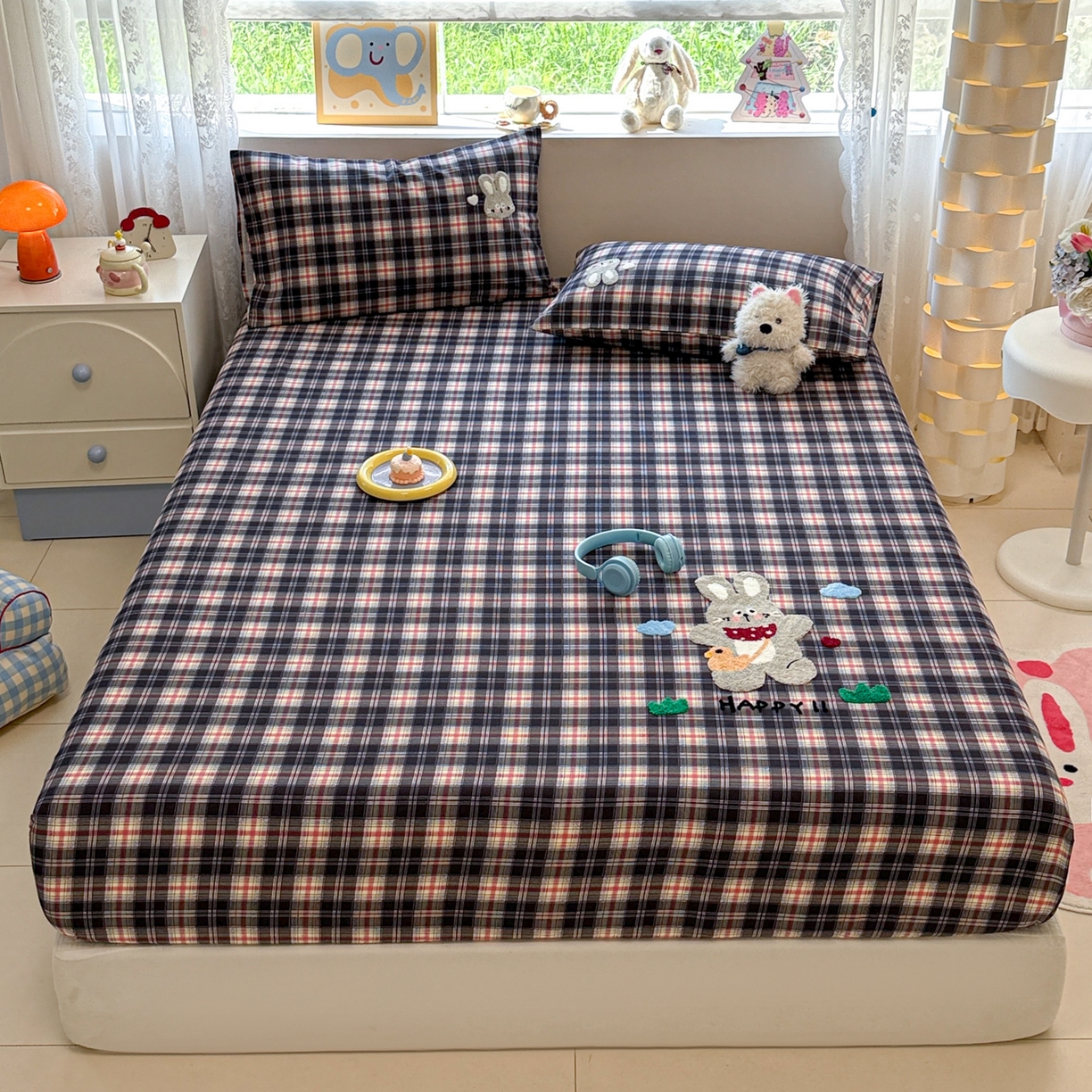 91家纺网 家纺一手货源 找家纺 慕尚家纺 2025新款全棉磨毛毛巾绣单床笠 床笠单件 开心兔兔