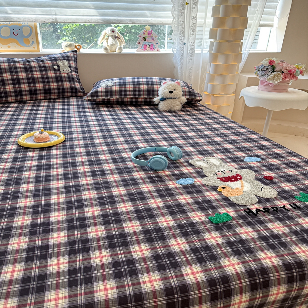 91家纺网 家纺一手货源 找家纺 慕尚家纺 2025新款全棉磨毛毛巾绣单床笠 床笠单件 开心兔兔