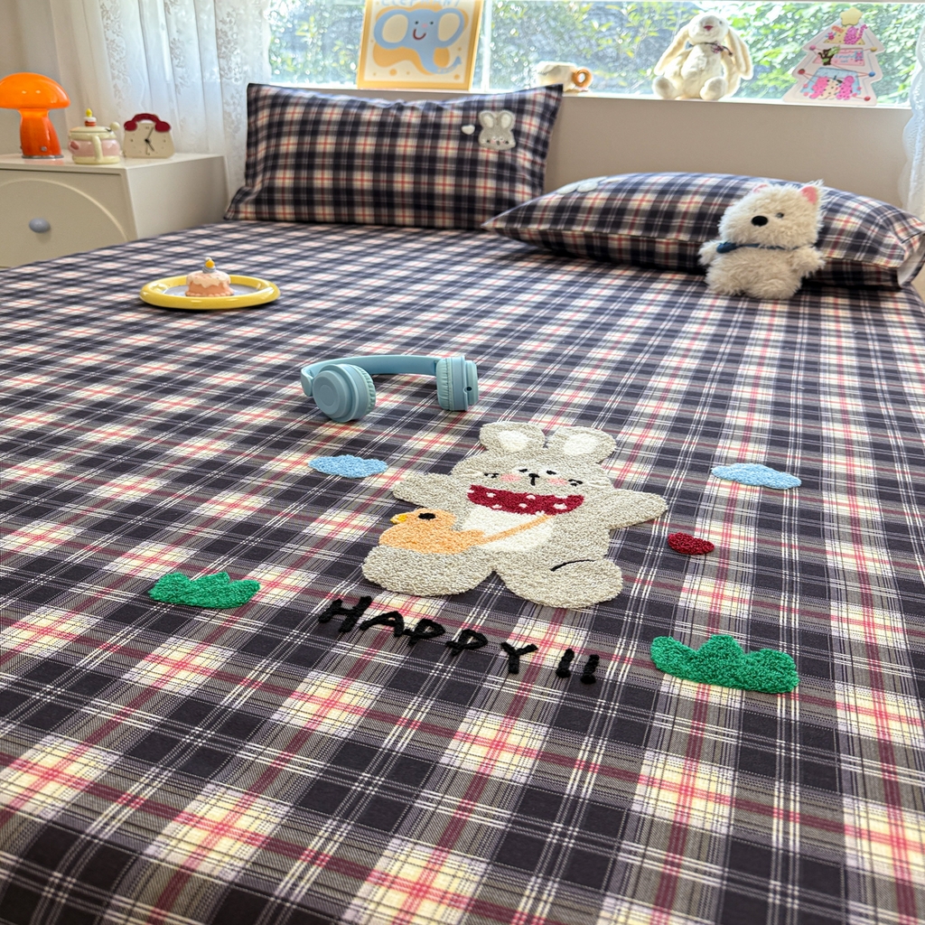 91家纺网 家纺一手货源 找家纺 慕尚家纺 2025新款全棉磨毛毛巾绣单床笠 床笠单件 开心兔兔