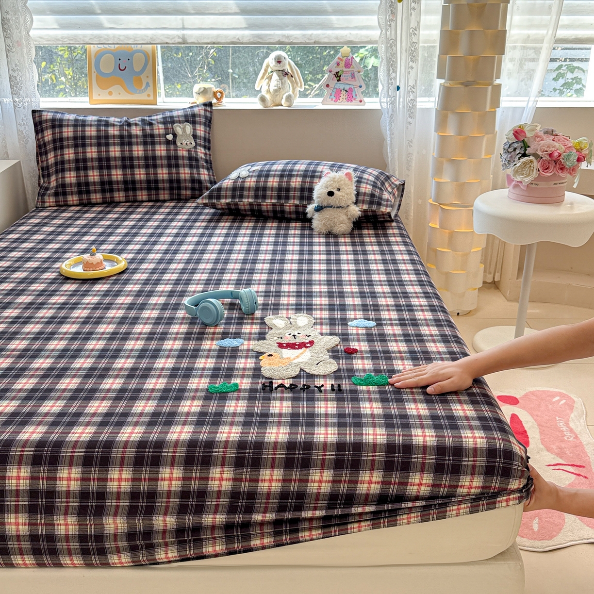 91家纺网 家纺一手货源 找家纺 慕尚家纺 2025新款全棉磨毛毛巾绣单床笠 床笠单件 开心兔兔