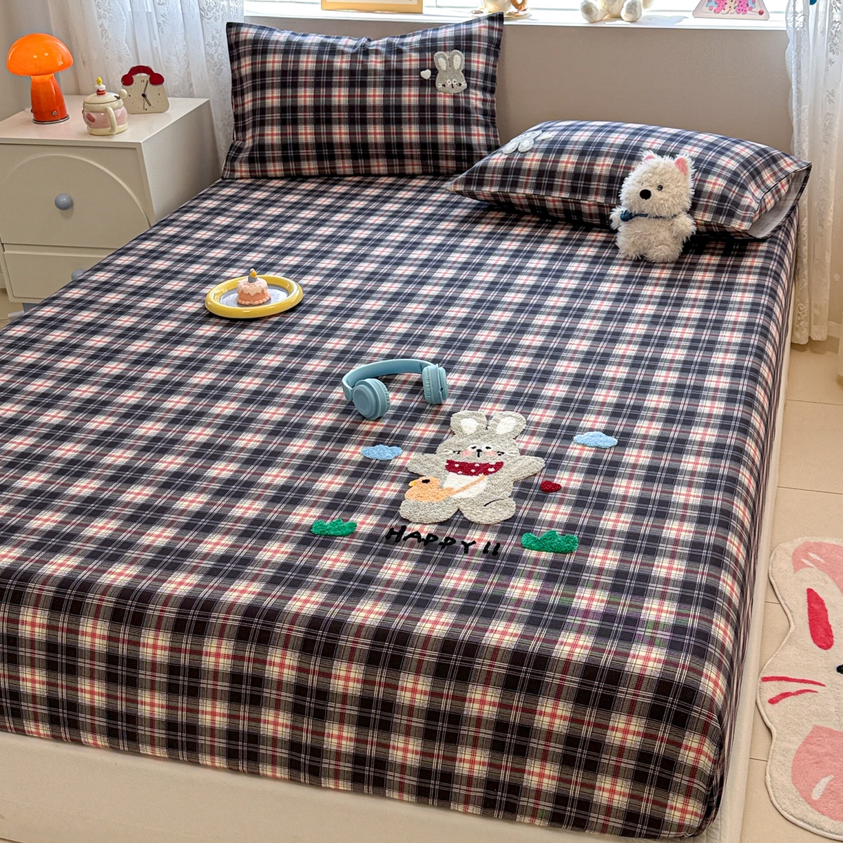 91家纺网 家纺一手货源 找家纺 慕尚家纺 2025新款全棉磨毛毛巾绣单床笠 床笠单件 开心兔兔