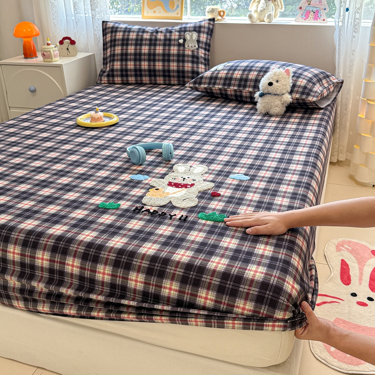 91家纺网 家纺一手货源 找家纺 慕尚家纺 2025新款全棉磨毛毛巾绣单床笠 床笠单件 开心兔兔