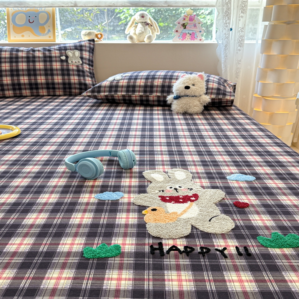 91家纺网 家纺一手货源 找家纺 慕尚家纺 2025新款全棉磨毛毛巾绣单床笠 床笠单件 开心兔兔