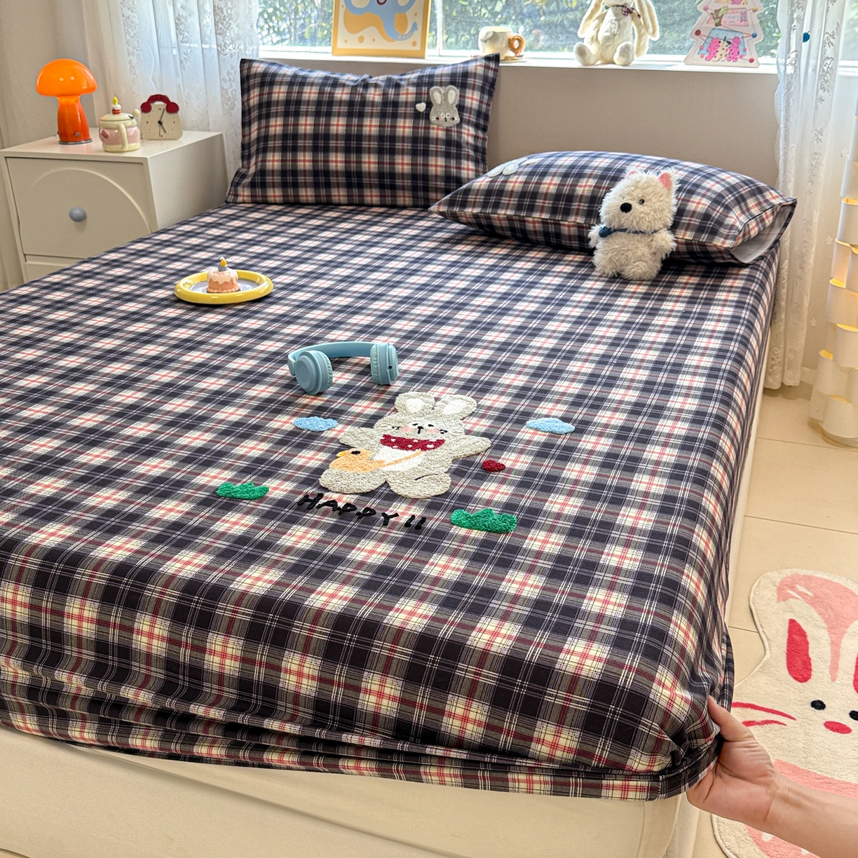 91家纺网 家纺一手货源 找家纺 慕尚家纺 2025新款全棉磨毛毛巾绣单床笠 床笠单件 开心兔兔