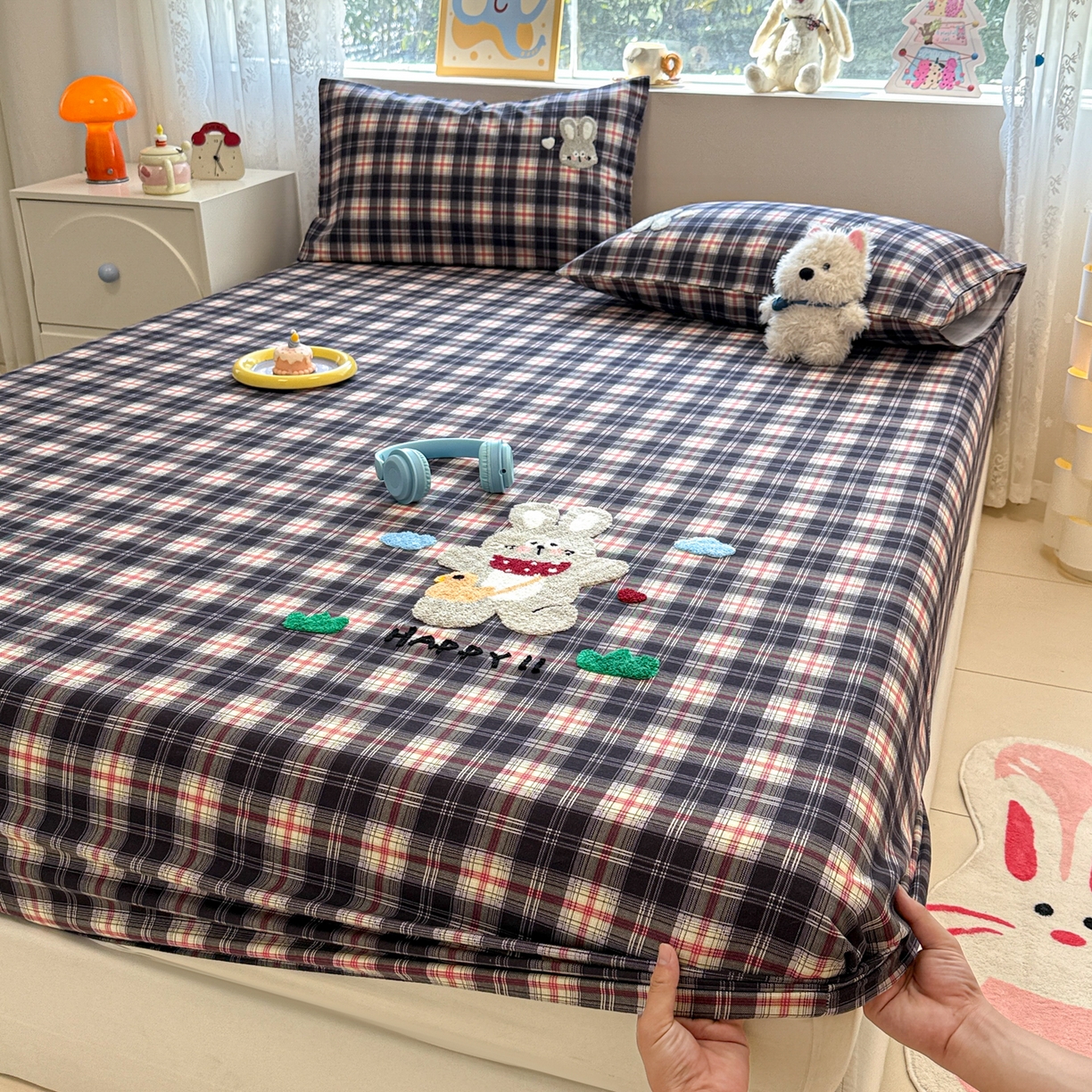 91家纺网 家纺一手货源 找家纺 慕尚家纺 2025新款全棉磨毛毛巾绣单床笠 床笠单件 开心兔兔