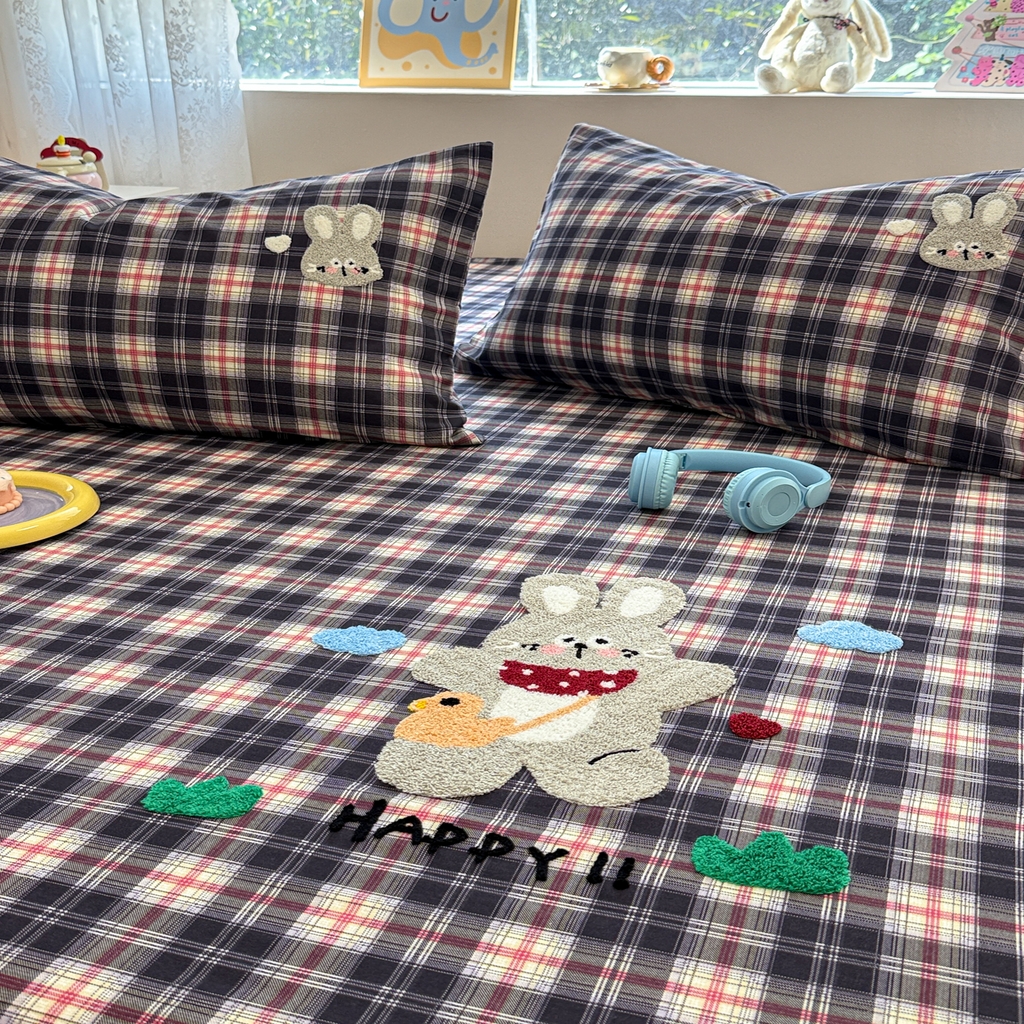 91家纺网 家纺一手货源 找家纺 慕尚家纺 2025新款全棉磨毛毛巾绣单床笠 床笠单件 开心兔兔