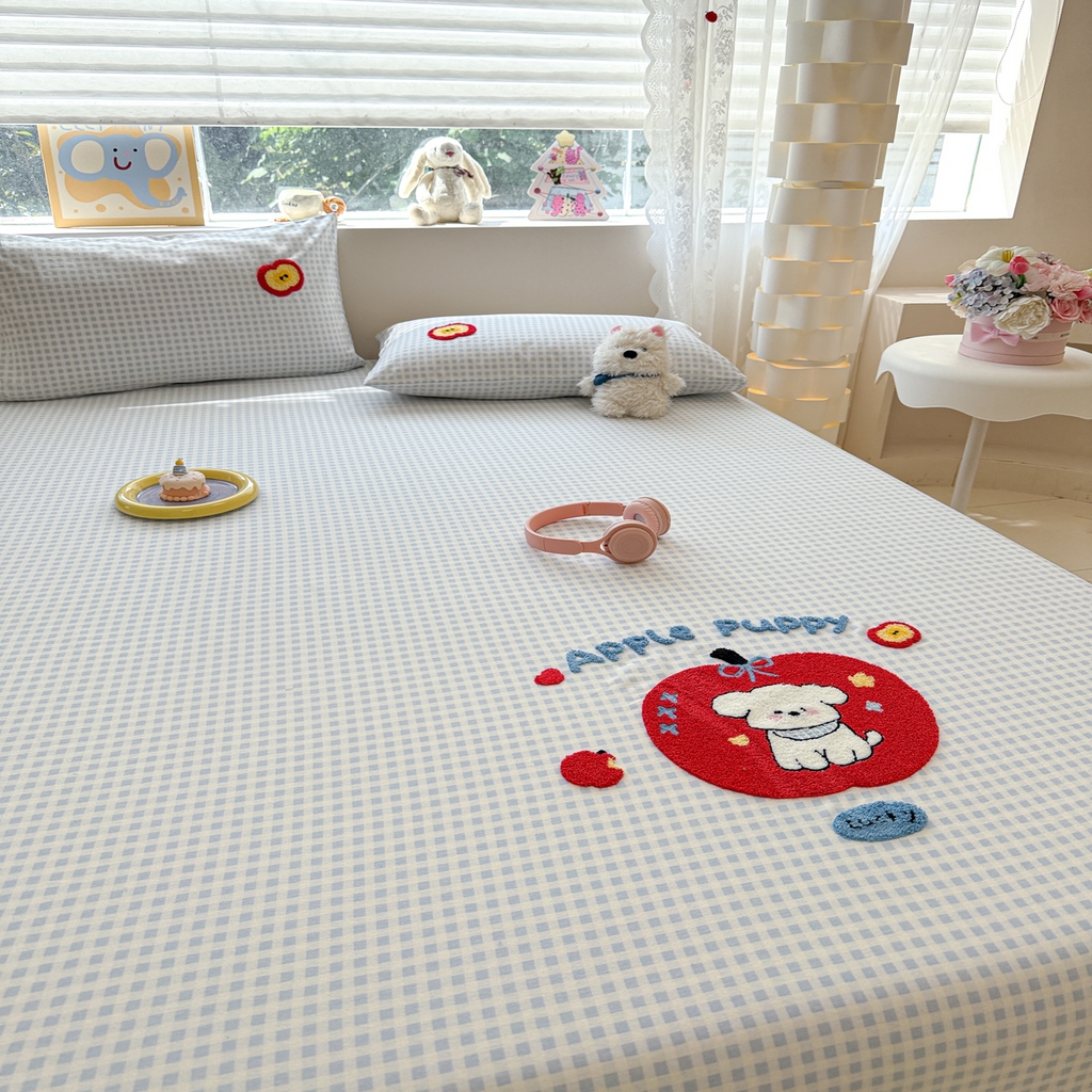 91家纺网 家纺一手货源 找家纺 慕尚家纺 2025新款全棉磨毛毛巾绣单床笠 床笠单件 苹安瑞瑞