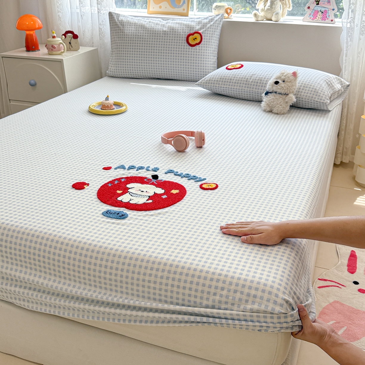 91家纺网 家纺一手货源 找家纺 慕尚家纺 2025新款全棉磨毛毛巾绣单床笠 床笠单件 苹安瑞瑞