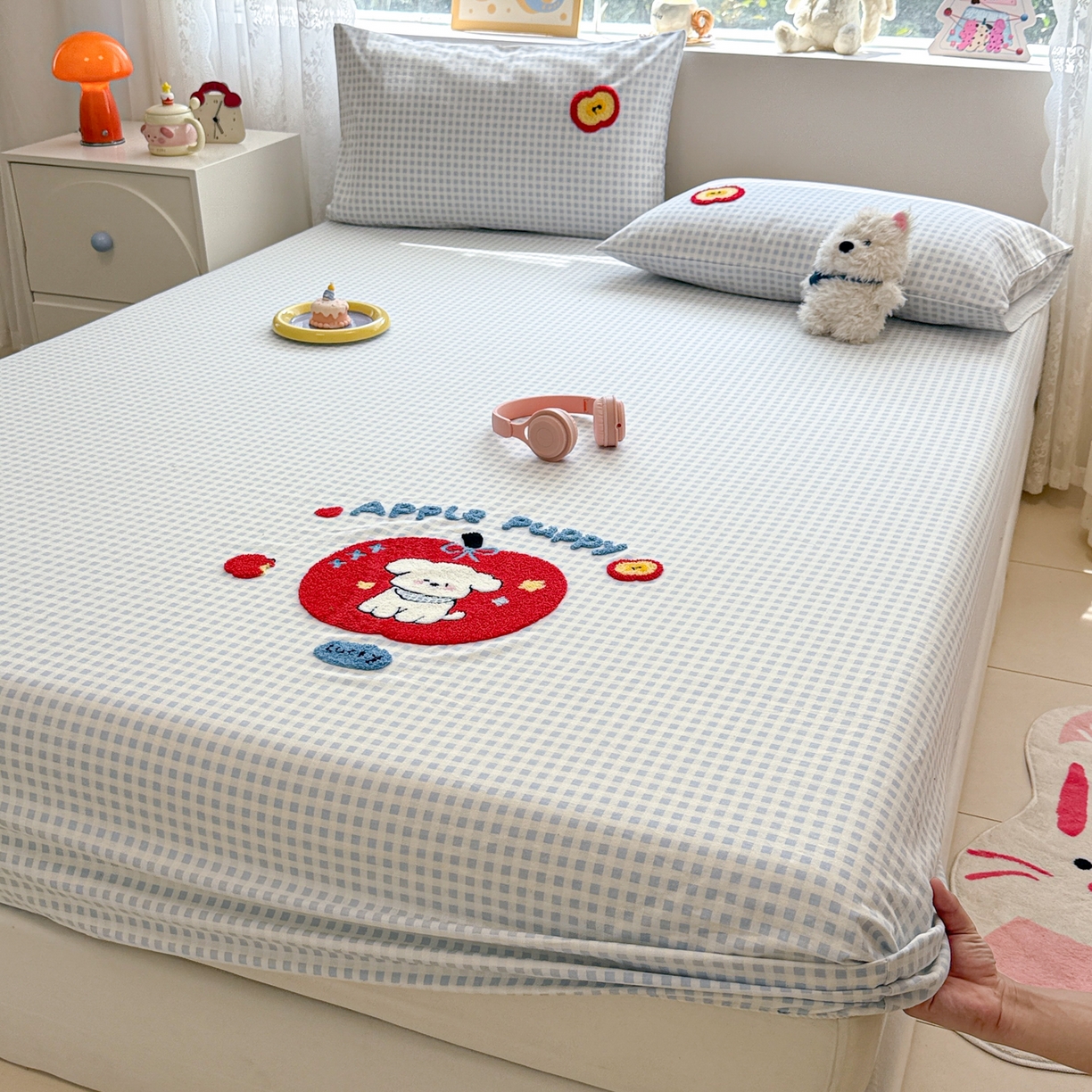 91家纺网 家纺一手货源 找家纺 慕尚家纺 2025新款全棉磨毛毛巾绣单床笠 床笠单件 苹安瑞瑞