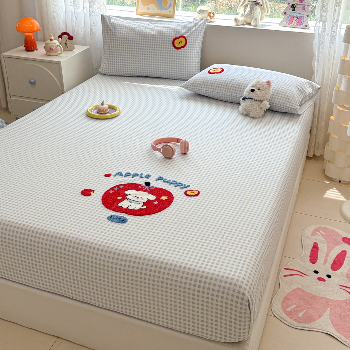 91家纺网 家纺一手货源 找家纺 慕尚家纺 2025新款全棉磨毛毛巾绣单床笠 床笠单件 苹安瑞瑞